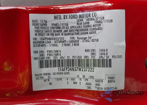 2007 Ford Focus S/Se/Ses z USA, uszkodzony, nr VIN 1FAFP34N37W237222